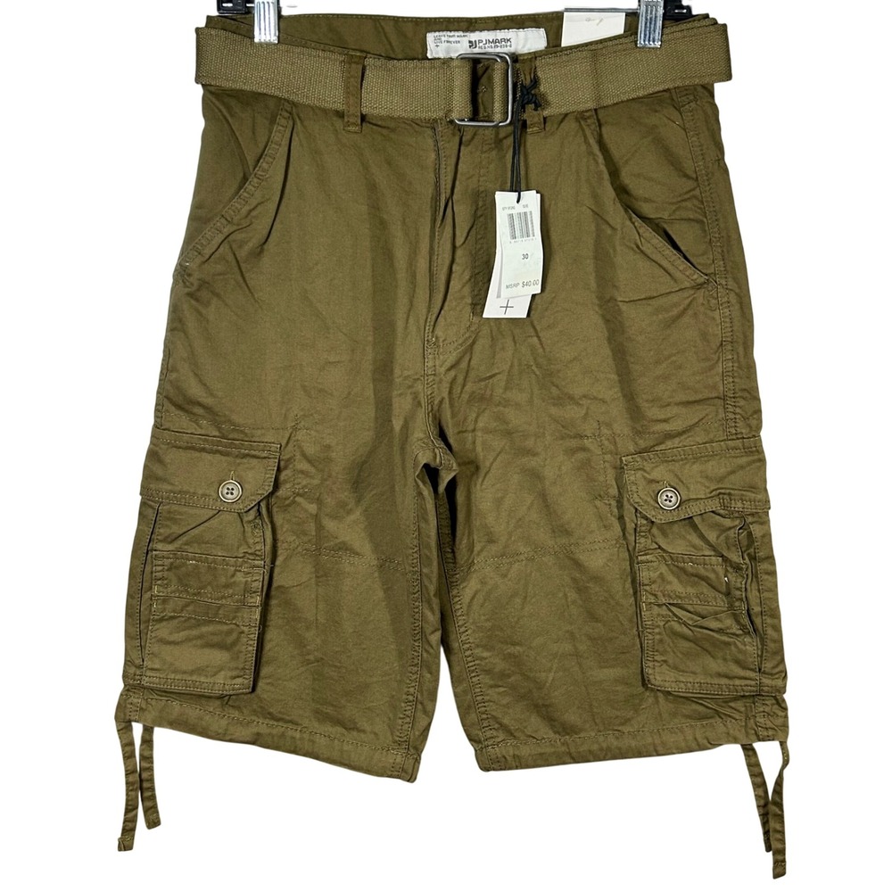 PJ MARK Mens Khaki Brown Cargo Shorts Belted Size 30 Cotton Casual Outdoor New‎